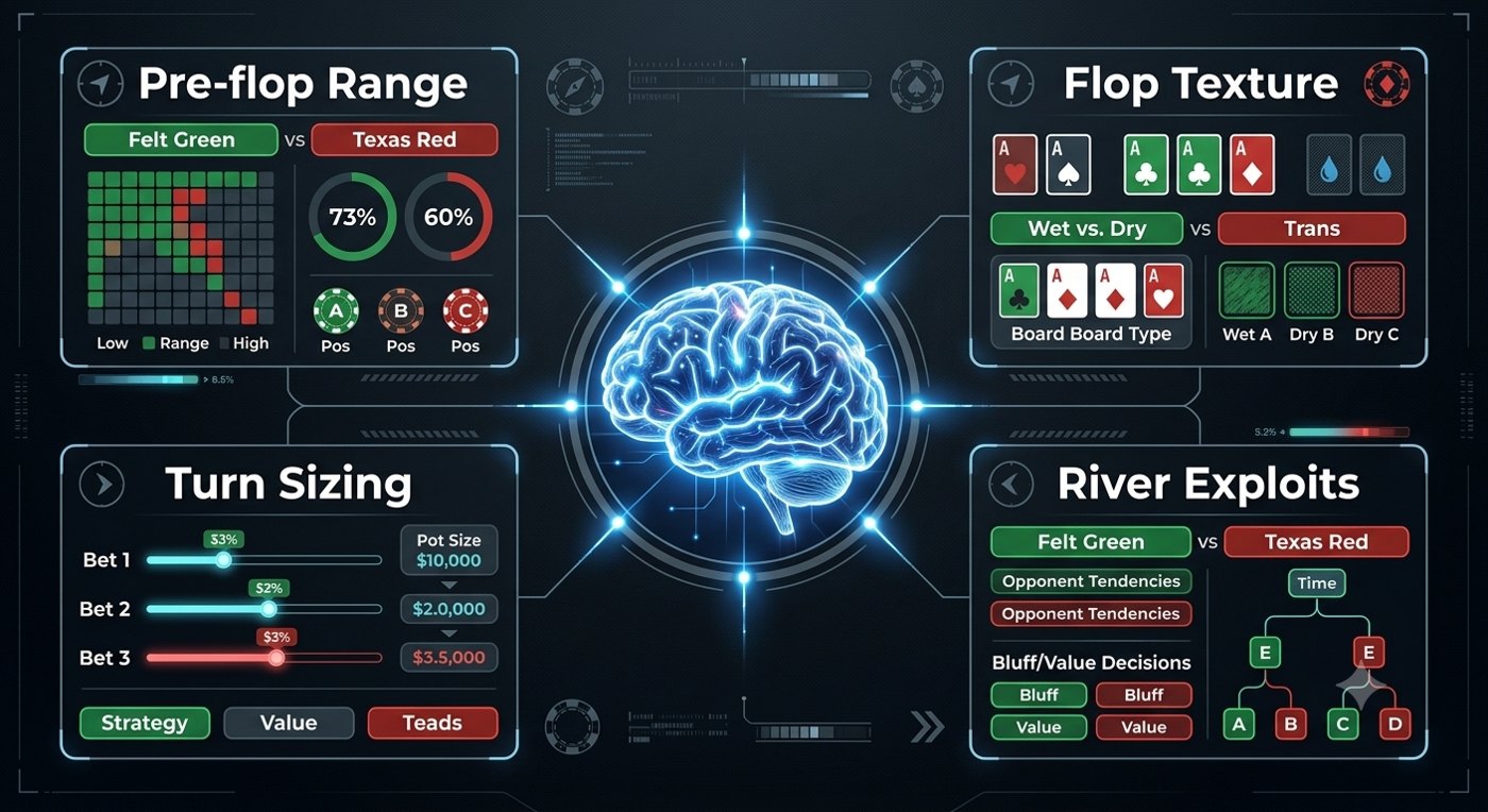 The Repeatable Thought Process — pre-flop range, flop texture, turn sizing, river exploits